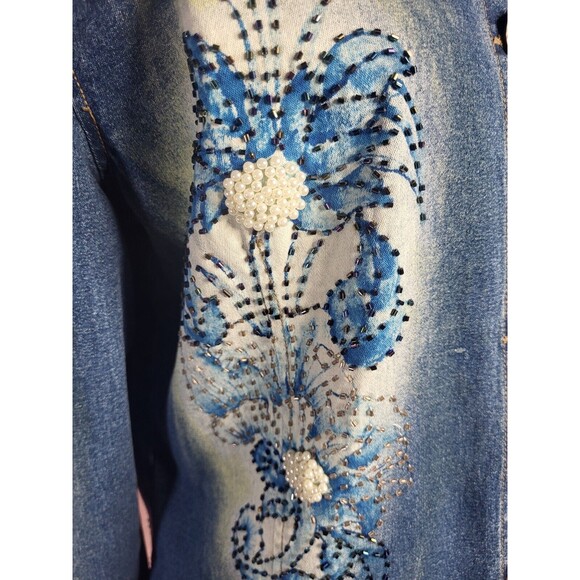 Vintage PJ Shernda Y2K Acid Wash Floral Beaded Pearl Jean Jacket Size Large - Picture 5 of 13